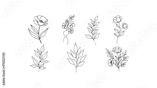 A collection of five minimalist botanical illustrations, each featuring a unique arrangement of flowers, leaves, and stems drawn in a continuous line art style. 