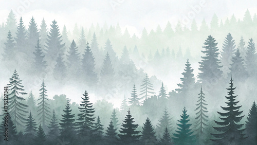 watercolor painting of a misty pine forest, soft layers of evergreen trees fading into the fog Vector background 
