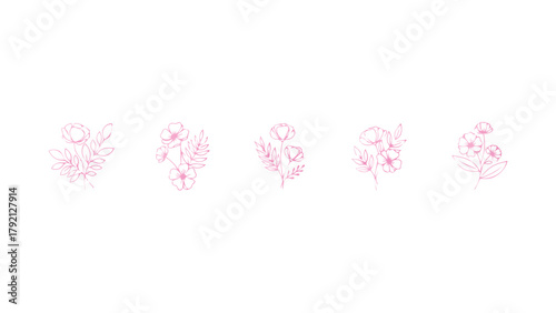 A collection of five minimalist botanical illustrations, each featuring a unique arrangement of flowers, leaves, and stems drawn in a continuous line art style. 