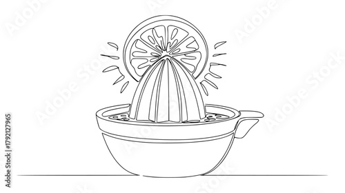 Continuous line drawing of a manual citrus juicer, minimal abstract outline showing cone and bowl, fruit extraction art