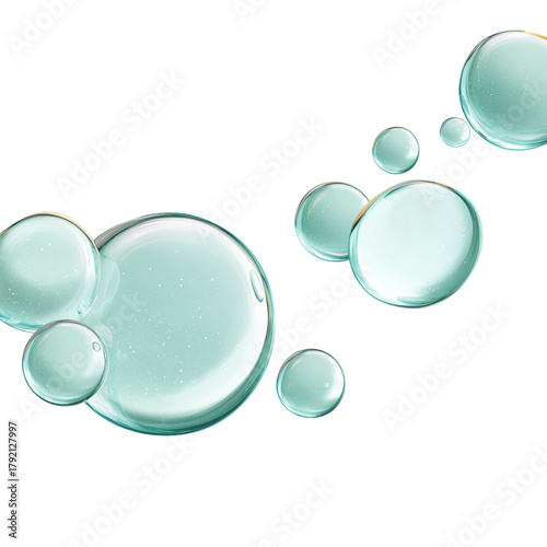 A cluster of iridescent, aquamarine bubbles float gracefully against a stark backdrop, with each sphere reflecting a subtle internal structure.