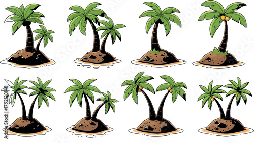  Collection of eight different palm trees on small islands
