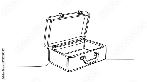 One continuous line drawing of an open briefcase or attaché case, minimal abstract outline showing lid and handle, business accessory