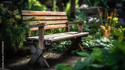 detailed wooden bench in lush green garden, ornamental plants and flowers surrounding, shallow depth of field, sunlight filtering through trees, cinematic lighting, intricate wood grain textures, moss