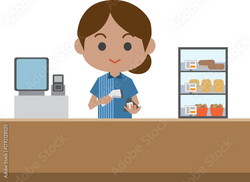 レジで接客をする外国人女性店員のイメージイラスト