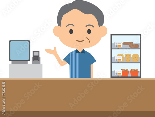 レジで接客をするシニア男性店員のイメージイラスト