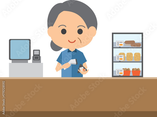 レジで接客をするシニア女性店員のイメージイラスト