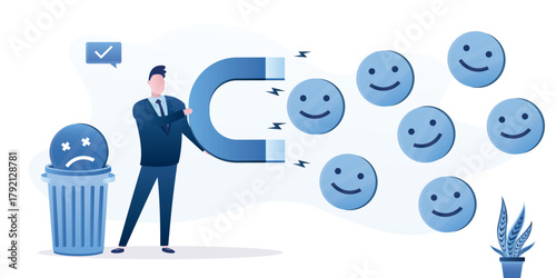 Male character uses magnet to attract positive thoughts and emotions. Happy man throw out negative emotions into trash can. Positive thinking. Happiness and avoiding negativity.