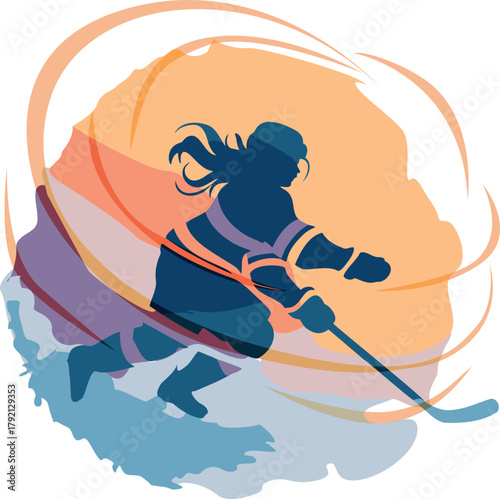 Female ice hockey player silhouette — winter Olympics sport illustration with colorful abstract background