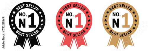 Best seller badge vector set, three award ribbons in black, red, and gold, featuring bold number one for marketing, certification, and achievement design