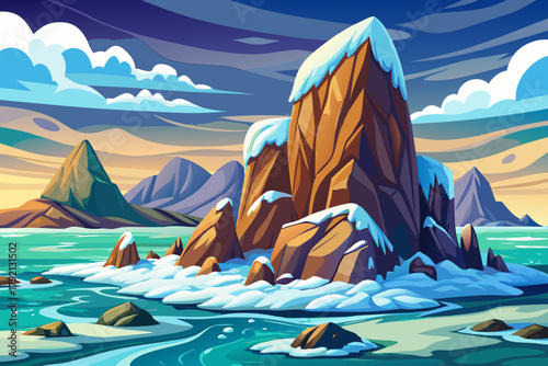 White snow covering jagged coastal rocks wallpaper background beside icy frozen sea waves