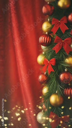 Festive Christmas Tree Decorations with Red Curtains and Bokeh Lights