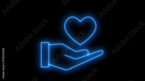 Glowing neon Hand Holding Heart Icon on Black Background. Abstract love, care, generosity for social media or app design.