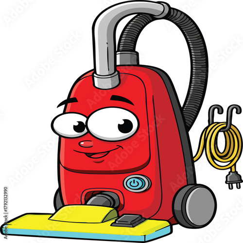 Friendly Red Vacuum Cleaner: An animated red vacuum cleaner with a cheerful face. It stands ready to clean. An illustration to represent the essential house cleaning appliance.
