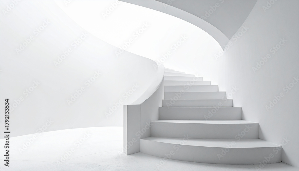 Fototapeta premium Modern white staircase leading upwards in a minimalist architectural design.