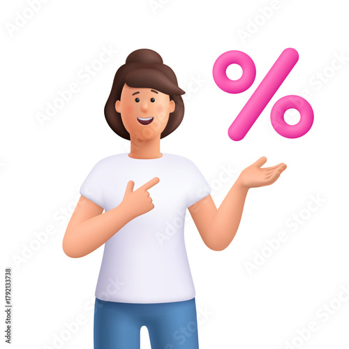 Young smiling woman Jane pointing at percentage symbol. Sale, discount, promotion, finance, interest rate, business and marketing concept. 3d vector people character. Cartoon minimal style.
