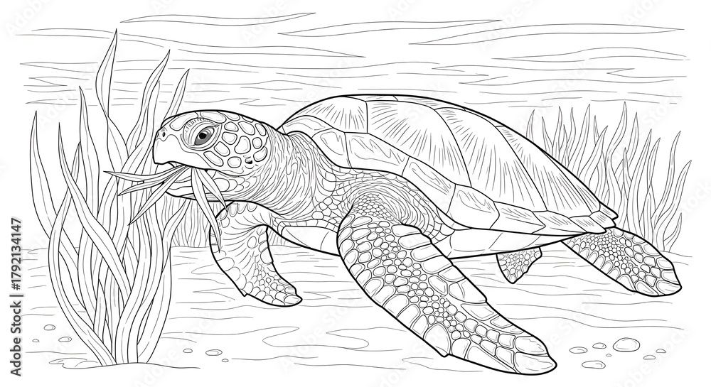 Obraz premium Detailed line art illustration of a majestic sea turtle gracefully swimming underwater among vibrant aquatic plants, perfect for a calming coloring activity or educational material