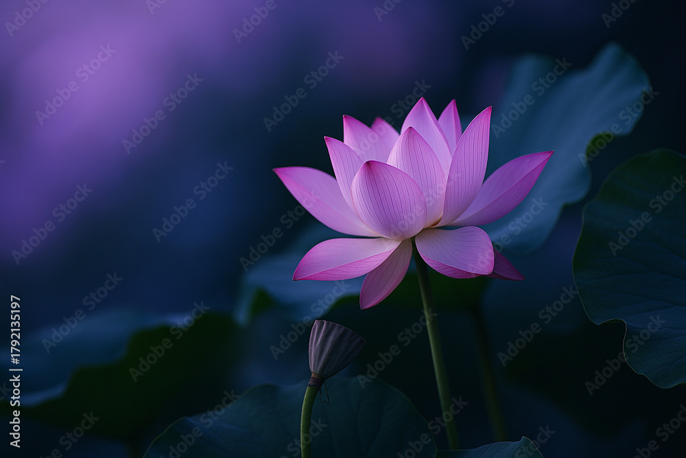 Obraz premium AI generated pink lotus blooming gently among dark green leaves with dreamy violet blue background symbolizing purity love calmness and inner healing perfect for meditation wellness and spiritual art