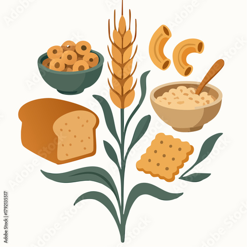 Collection of various grain-based food items including bread, pasta, cereal, and crackers, representing a healthy diet