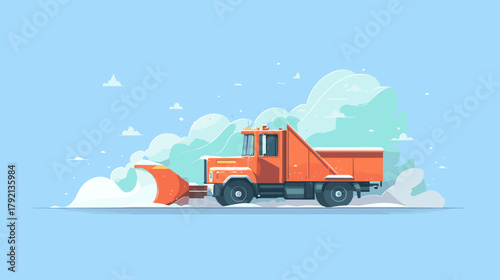 Snow plow truck clearing snow in winter landscape  