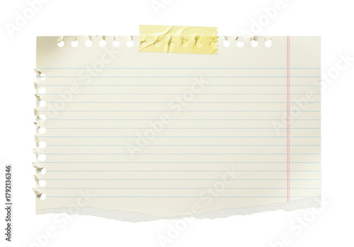 A piece of lined paper with a torn bottom edge, taped to a transparent background