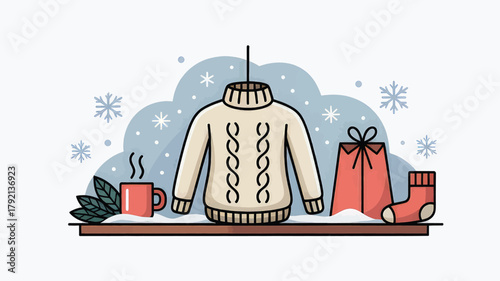 Cozy Winter Sweater with Gifts and Snowflakes
