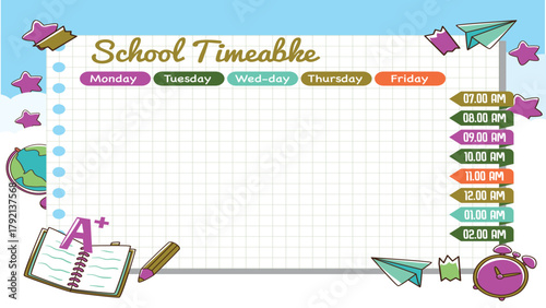 Creative school timetable template vector design featuring hand-drawn classical school elements such as books, pencils, rulers, clocks, backpacks, paint brushes, and paper sheets.