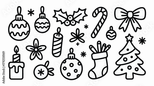 Hand-Drawn Christmas Symbols and Decorations in Black and White