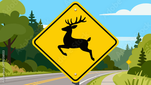 Yellow warning sign depicting leaping deer on rural road  