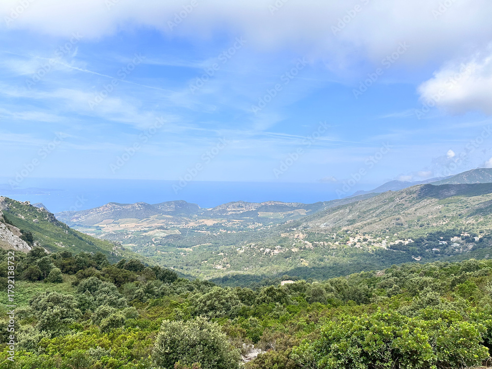 Fototapeta premium Breathtaking panoramic view of the Gulf of Porto, Corsica, from a high mountain pass. Rugged maquis, deep blue sea, and the characteristic red rock coastal peaks under a clear summer sky.