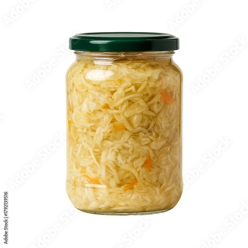 Glass jar filled with shredded sauerkraut and carrot strips, isolated on transparent background. Packaging, branding, culinary visuals, and fermented food design.