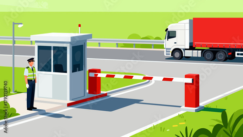 Traffic checkpoint with officer and truck in green landscape  