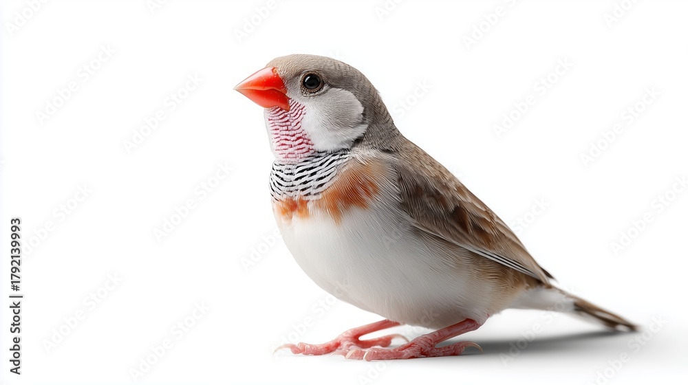 Naklejka premium Beautiful zebra finch standing still against a white background during bright daylight