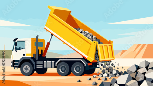 Yellow dump truck unloading stones on construction site  