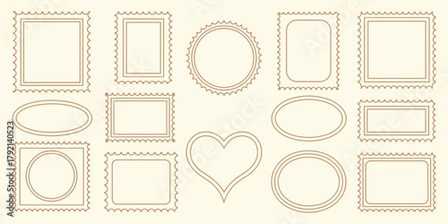 postage stamp outlines, blank wavy edge frames, minimalist line art borders for correspondence, postal themes, and retro mail design elements