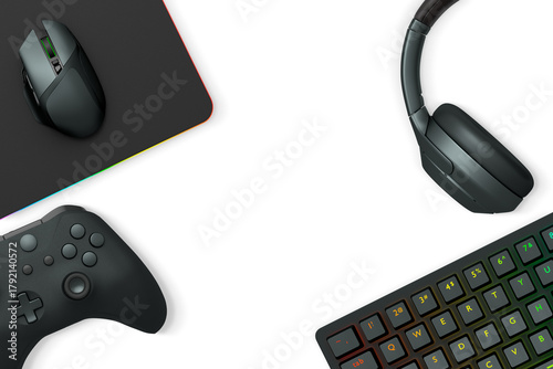 Gaming mouse, controller, RGB keyboard and headphones displayed in flat lay style isolated on white background with clipping path.
