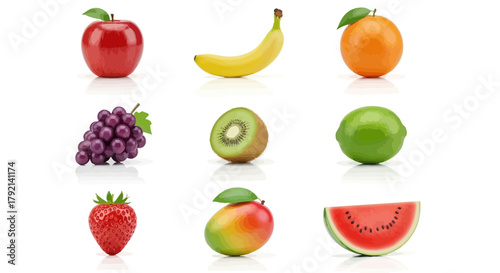 Variety of Fresh Fruits Isolated on White Surface