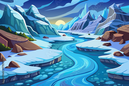 Curved river flowing through snowy banks filled wallpaper vector with large icy stones