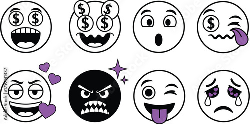 Expressive emoji faces showcase emotions like joy, love, shock, and money