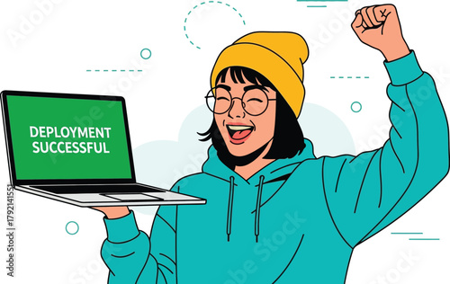 Excited person celebrates successful deployment with a cheer and laptop