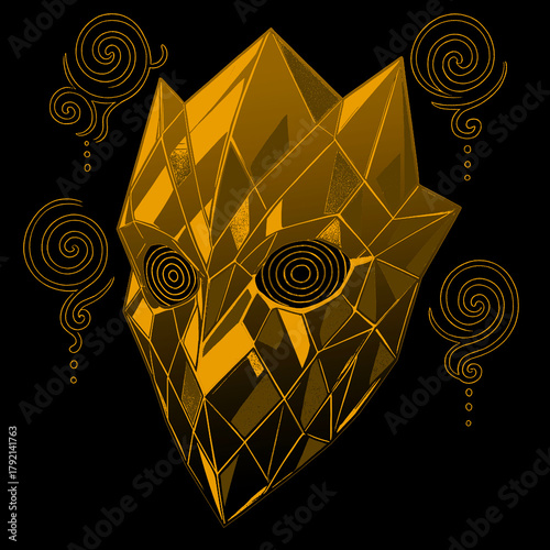 Golden Crystal Mask Illustration Mysterious fantasy artwork great for sci-fi themes, mythic characters, occult storytelling, and graphic posters.