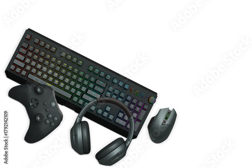 Gaming mouse, controller, RGB keyboard and headphones displayed in flat lay style isolated on white background with clipping path.