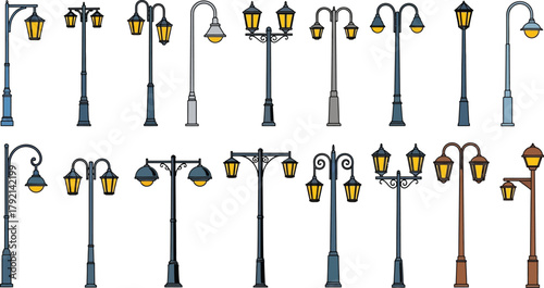 Diverse vintage streetlights illuminate with warm glow, classic designs