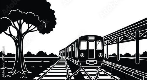 Modern train arrives at station platform next to lush tree