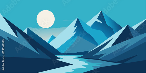 Blue Mountain Landscape with River and Moon mountains