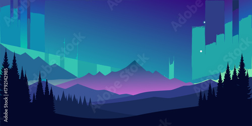 Aurora Borealis Over Mountain Range and Forest Silhouette