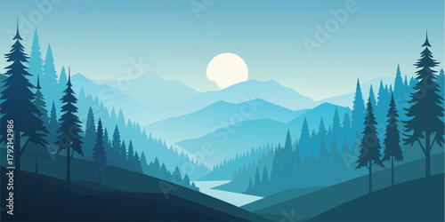 Blue toned mountain valley with river and pine trees at sunrise