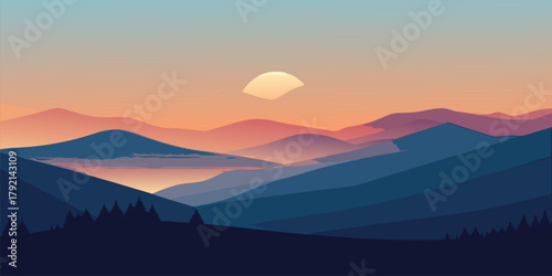 Minimalist mountain landscape at sunset with pastel colors