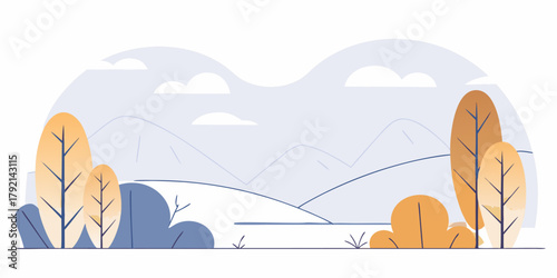 Minimalist Landscape with Stylized Trees and Hills