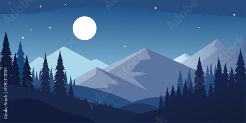 Minimalist Night Mountain Landscape with Full Moon